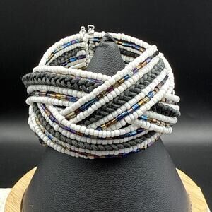 Artisan Bracelet 6" Adjustable Black White Iridescent Seed Bead Woven Open Cuff‎